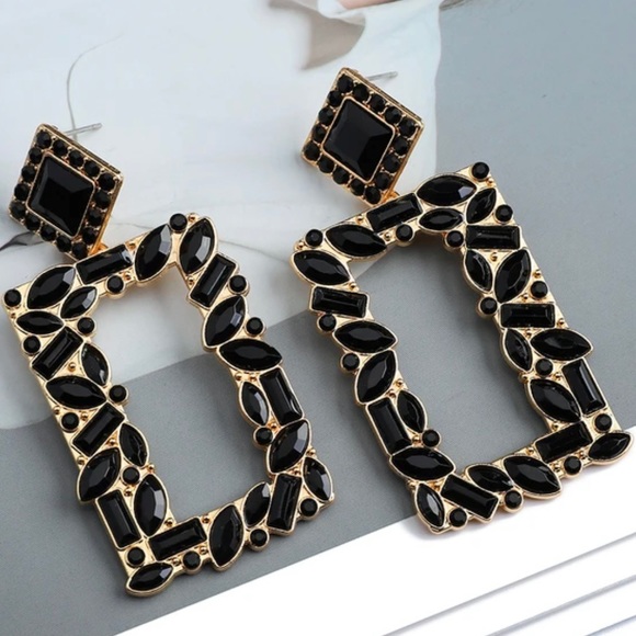 NOIR rhinestone crystal square drop dangle earrings, statement jewelry- New - Picture 2 of 11